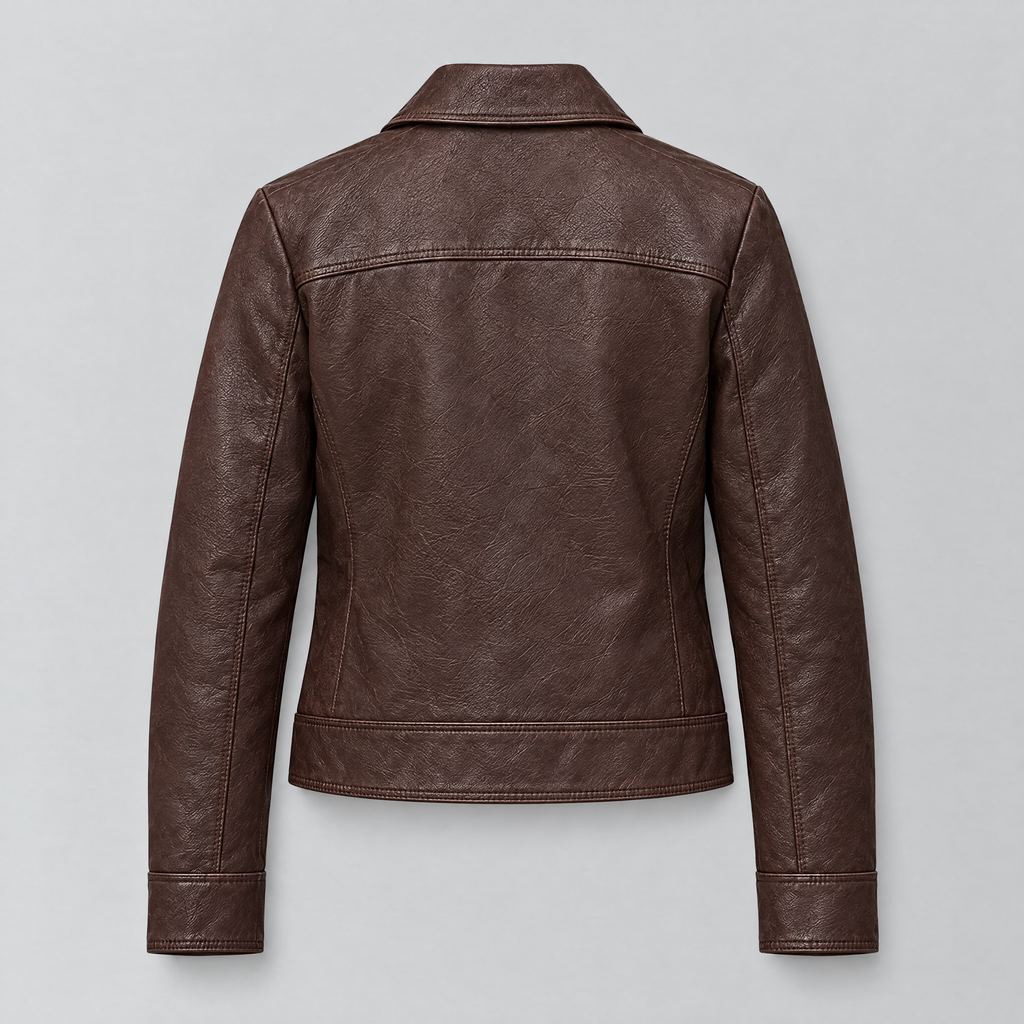 Women's Lunetta Leather Trucker Jacket — Chocolate — product-back