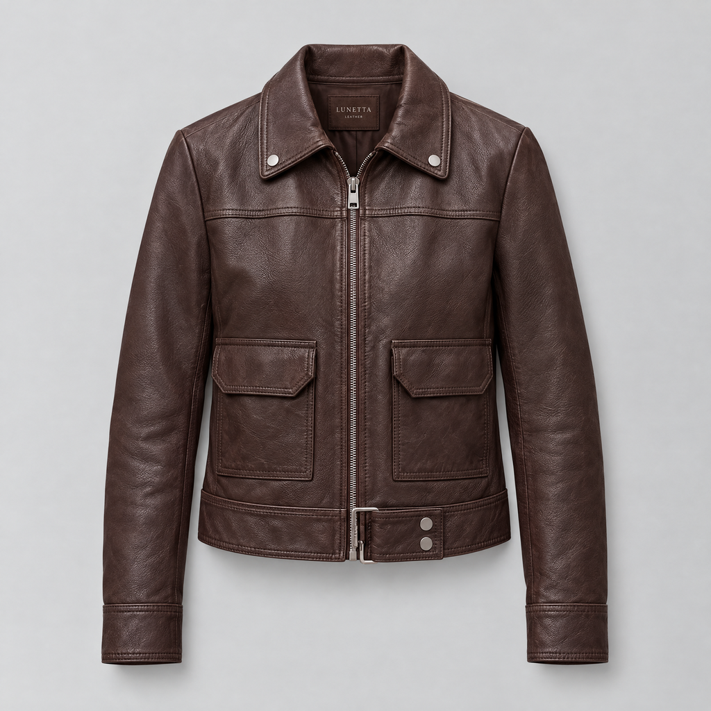 Women's Lunetta Leather Trucker Jacket — Chocolate — product-front