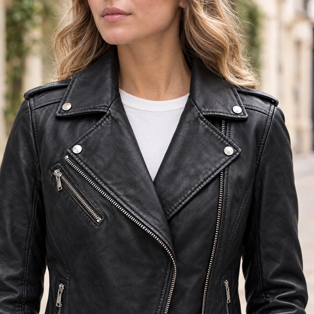 Women's Madeline Asymmetrical Leather Moto Jacket — Black — chest-detail