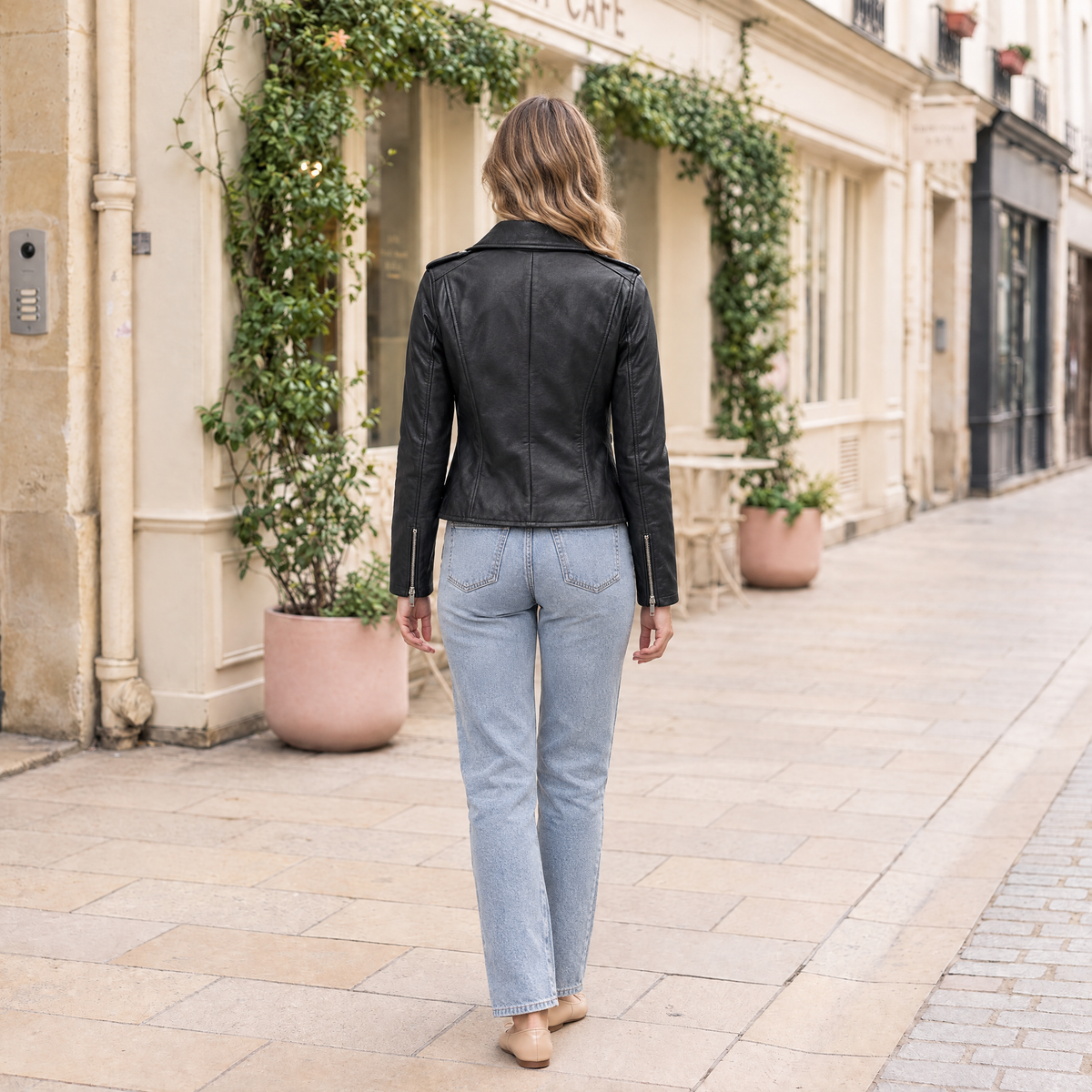 Women's Madeline Asymmetrical Leather Moto Jacket — Black — full-body-back
