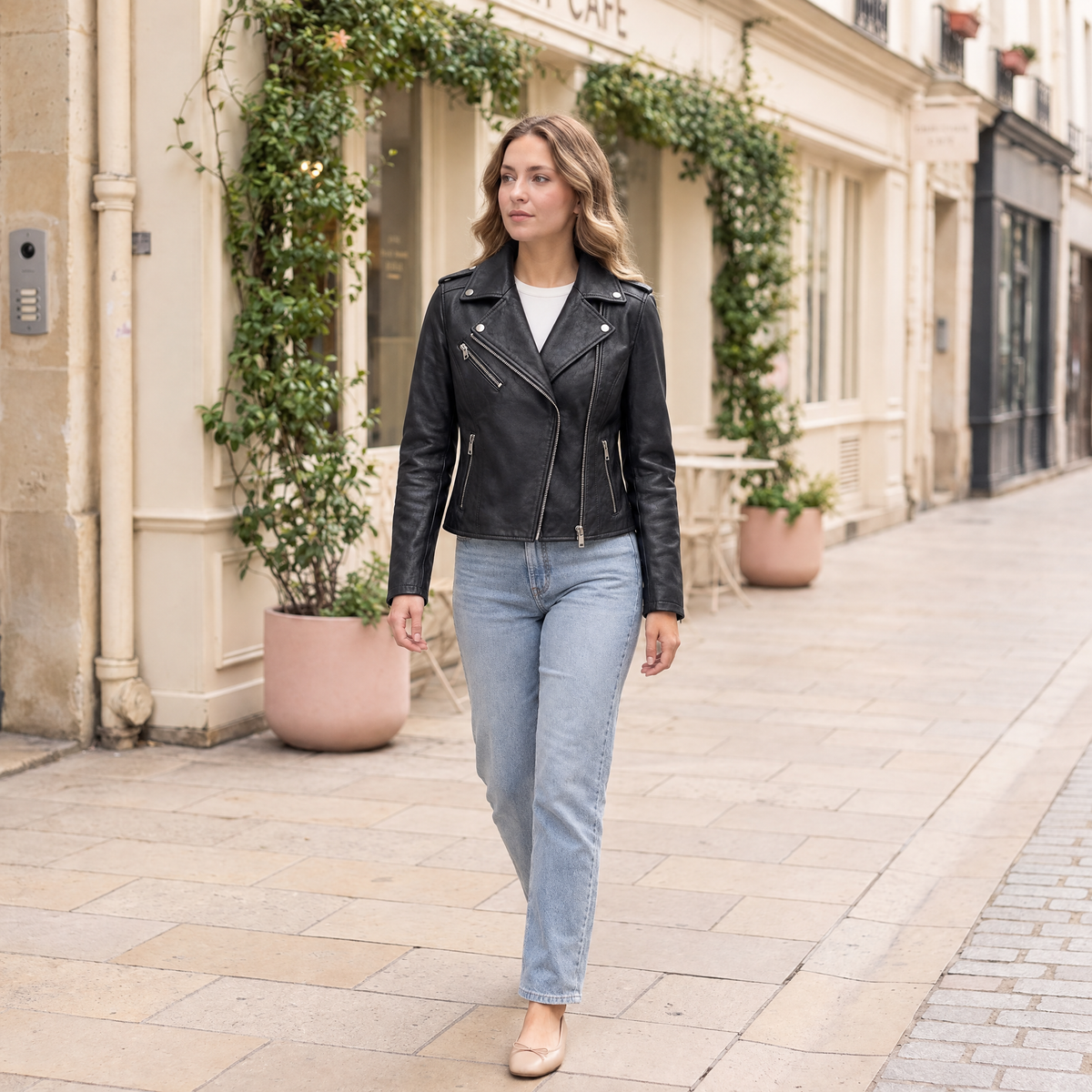 Women's Madeline Asymmetrical Leather Moto Jacket — Black — full-body-front