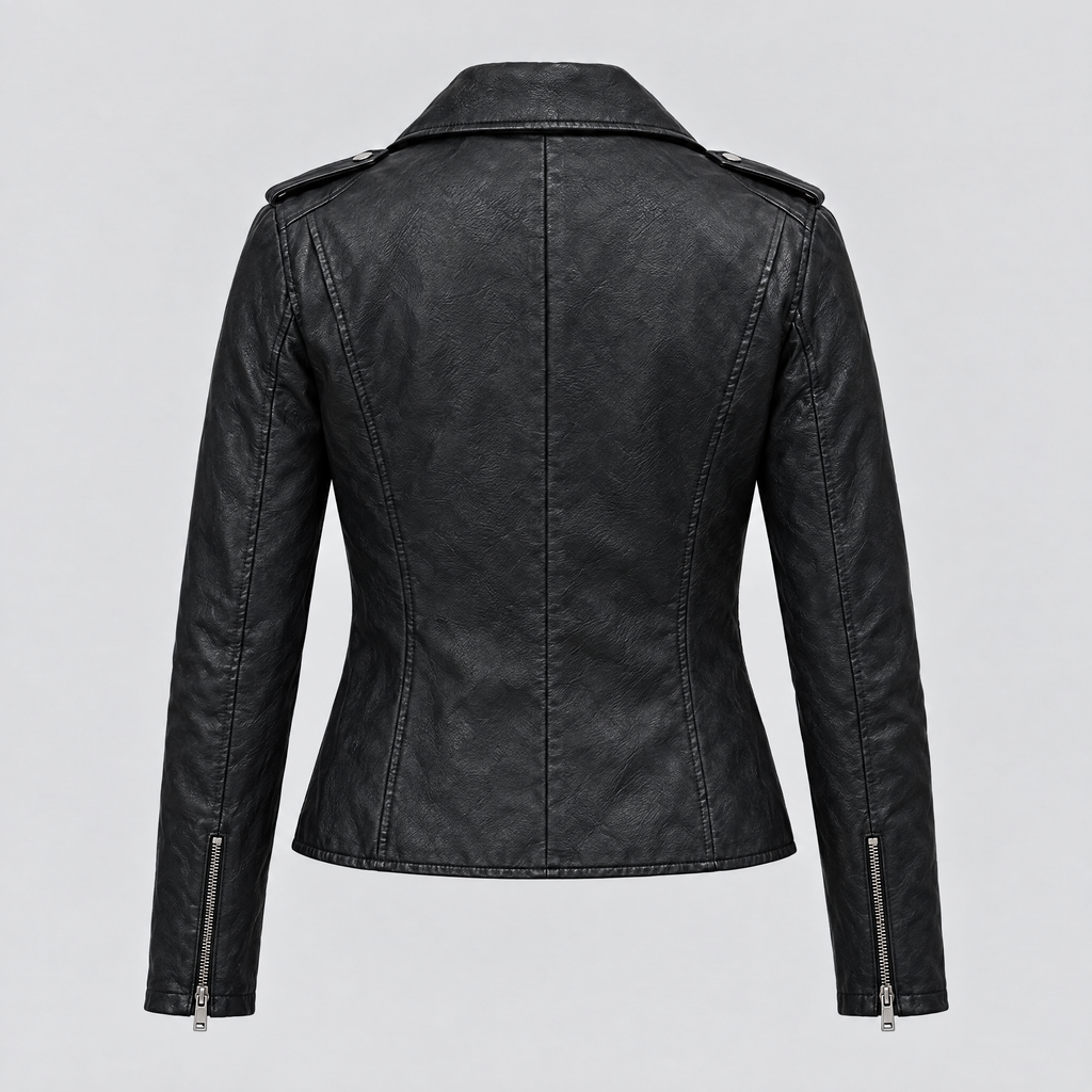 Women's Madeline Asymmetrical Leather Moto Jacket — Black — product-back