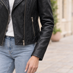 Women's Madeline Asymmetrical Leather Moto Jacket — Black — sleeve-detail