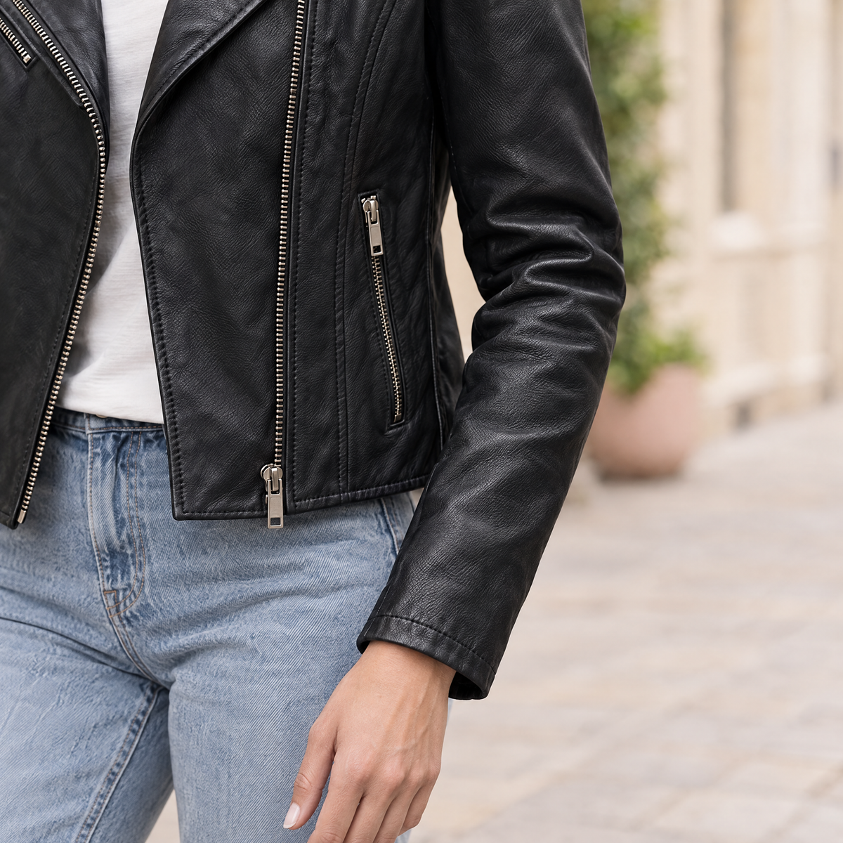 Women's Madeline Asymmetrical Leather Moto Jacket — Black — sleeve-detail