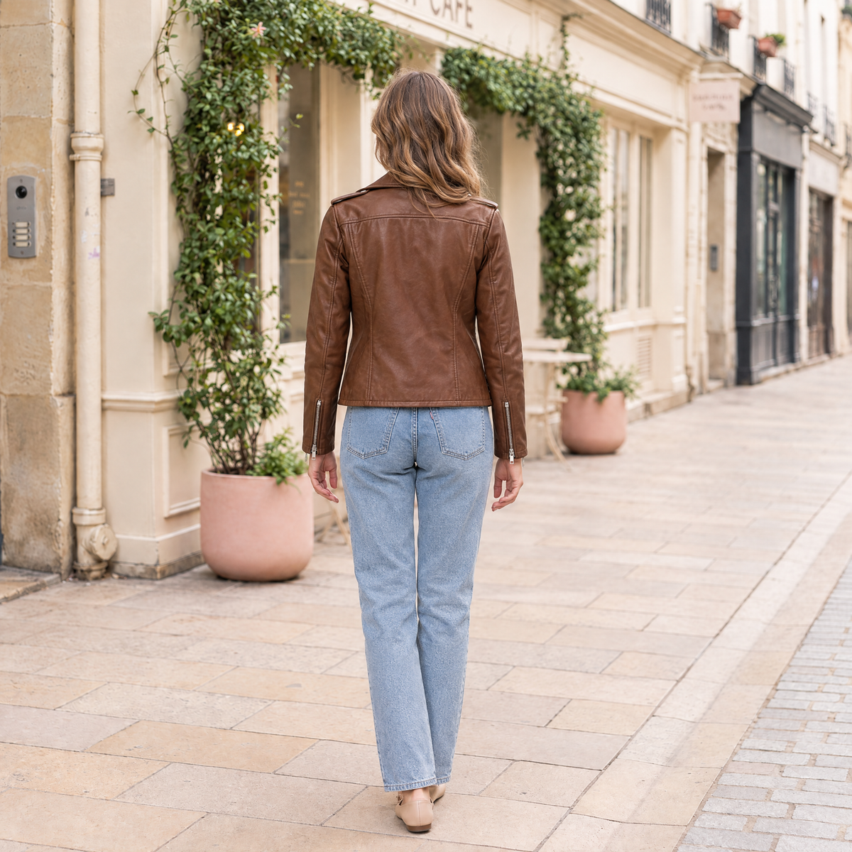 Women's Madeline Asymmetrical Leather Moto Jacket — Cognac — full-body-back
