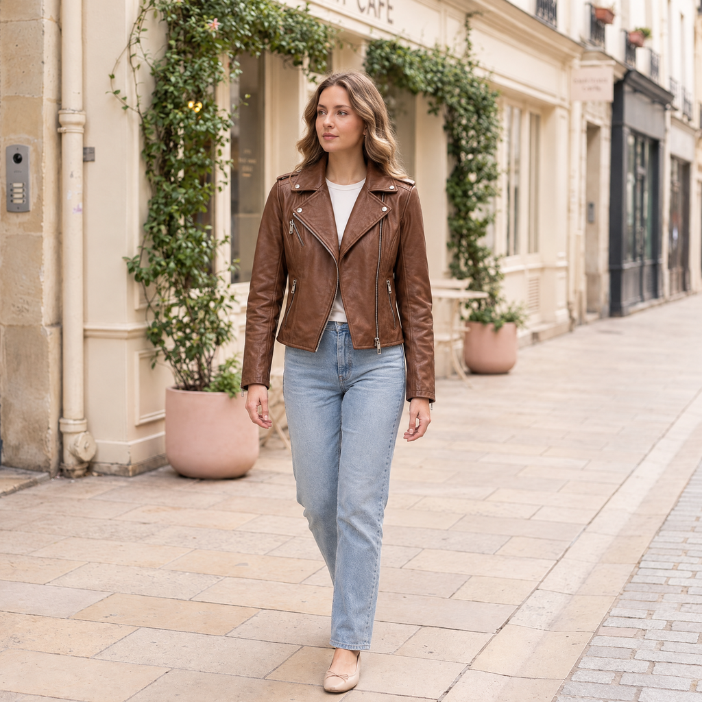 Women's Madeline Asymmetrical Leather Moto Jacket — Cognac — full-body-front