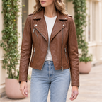 Women's Madeline Asymmetrical Leather Moto Jacket — Cognac — hero
