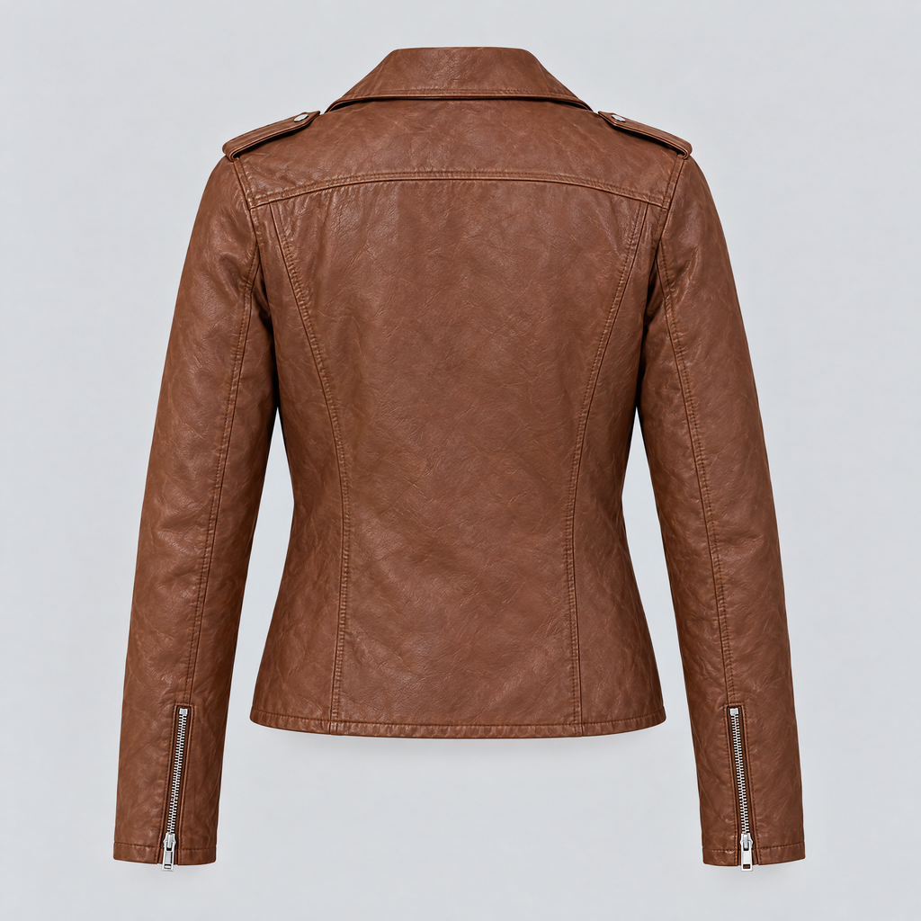 Women's Madeline Asymmetrical Leather Moto Jacket — Cognac — product-back