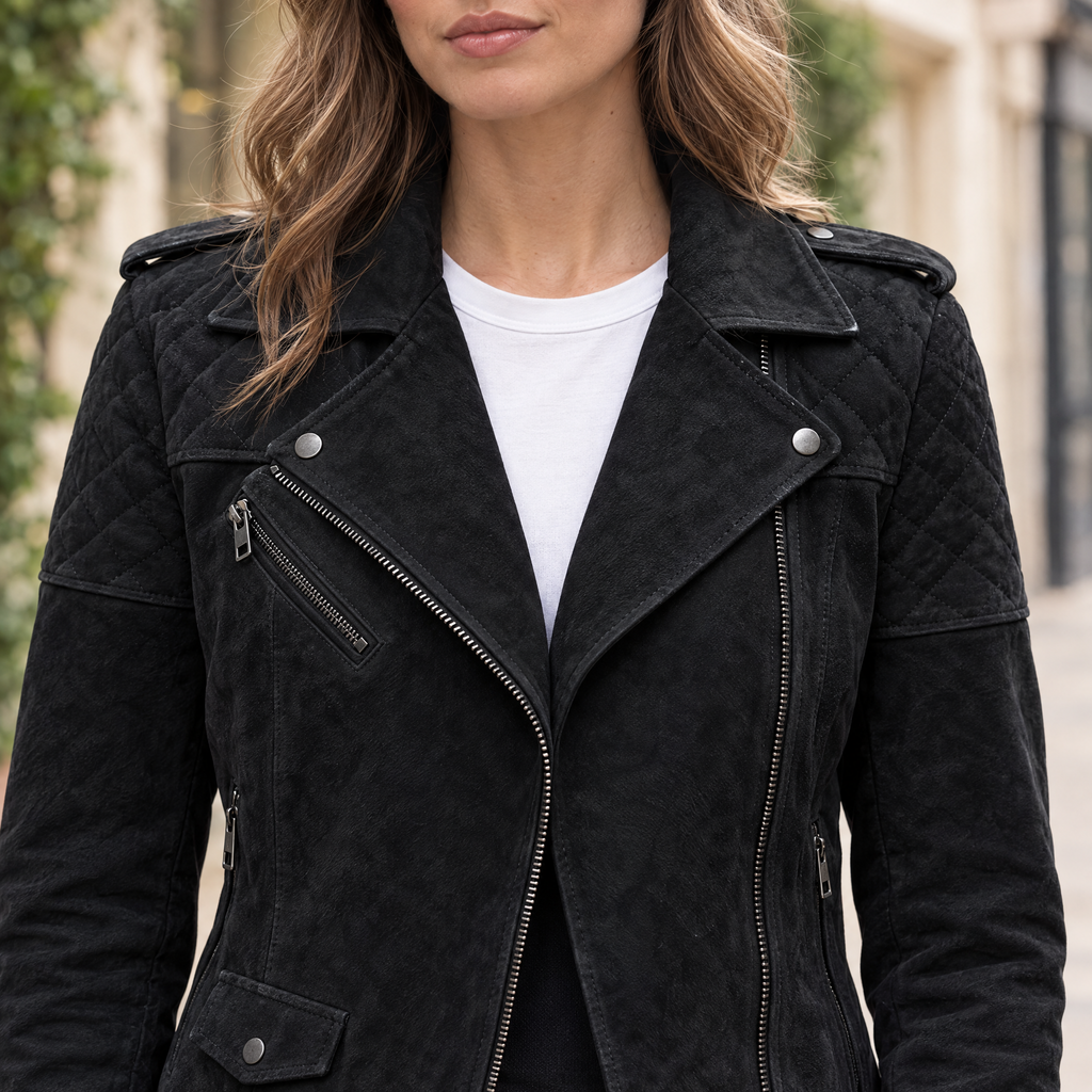 Women's Madeline Suede Quilted Moto Jacket — Black — chest-detail