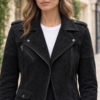 Women's Madeline Suede Quilted Moto Jacket — Black — chest-detail