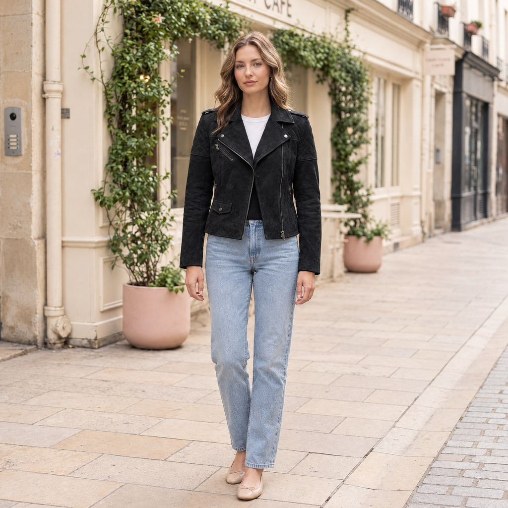 Women's Madeline Suede Quilted Moto Jacket — Black — full-body-front