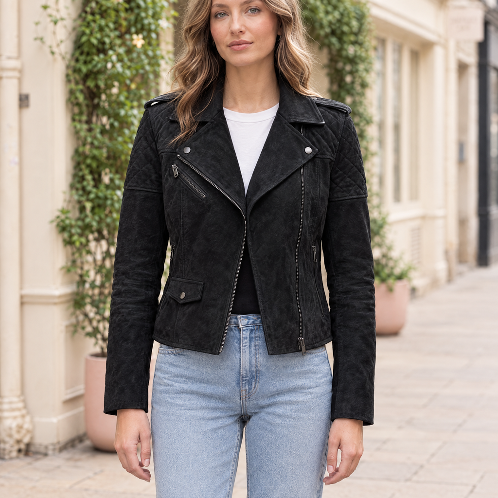 Women's Madeline Suede Quilted Moto Jacket — Black — hero