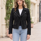 Women's Madeline Suede Quilted Moto Jacket — Black — hero