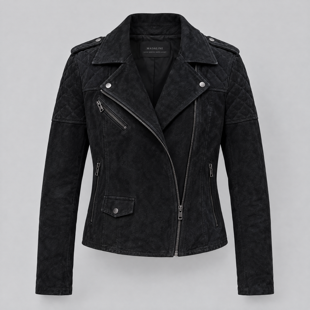 Women's Madeline Suede Quilted Moto Jacket — Black — product-front