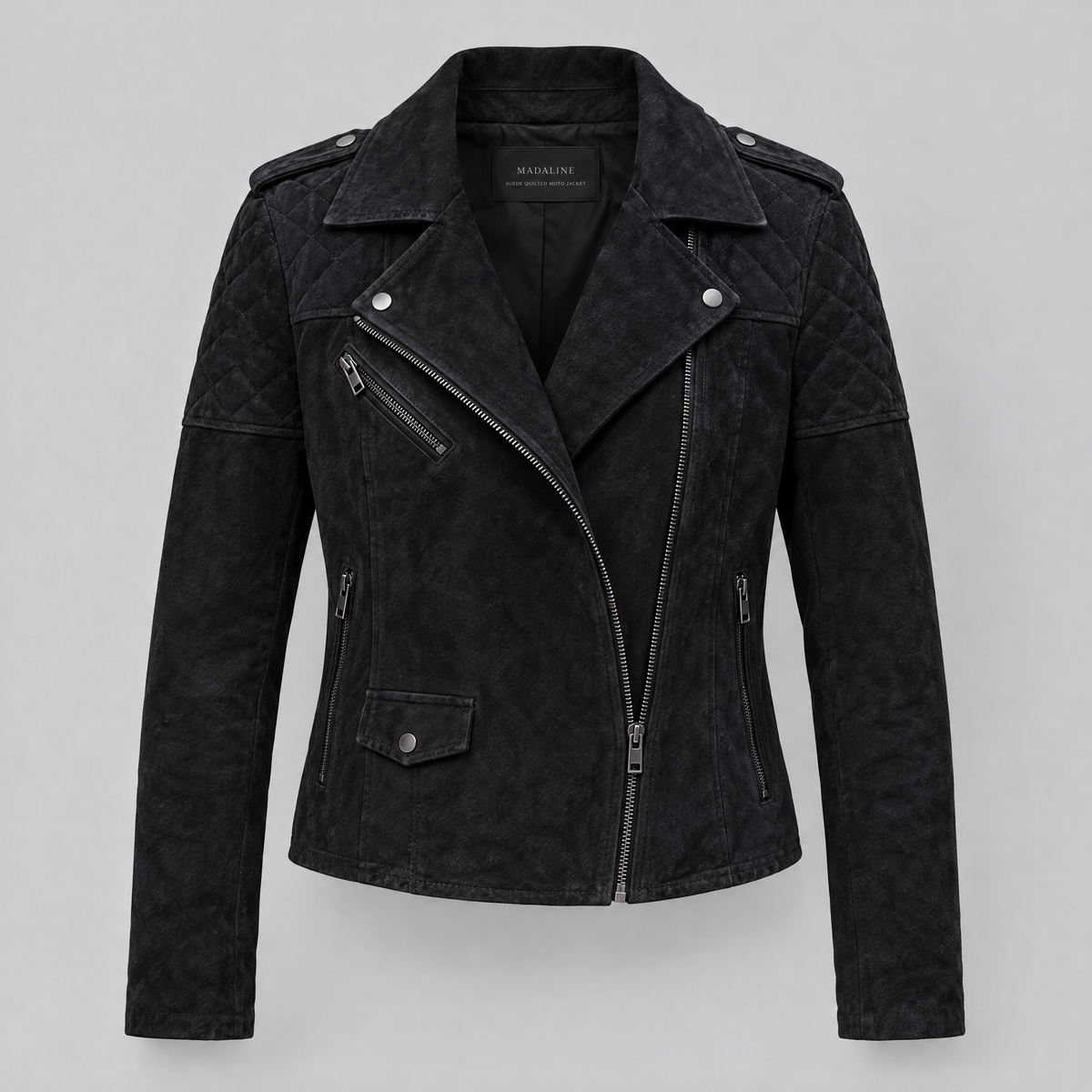 Women's Madeline Suede Quilted Moto Jacket — Black — product-front