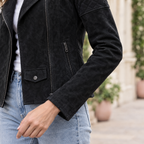 Women's Madeline Suede Quilted Moto Jacket — Black — sleeve-detail