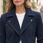 Women's Madeline Suede Quilted Moto Jacket — Navy — chest-detail