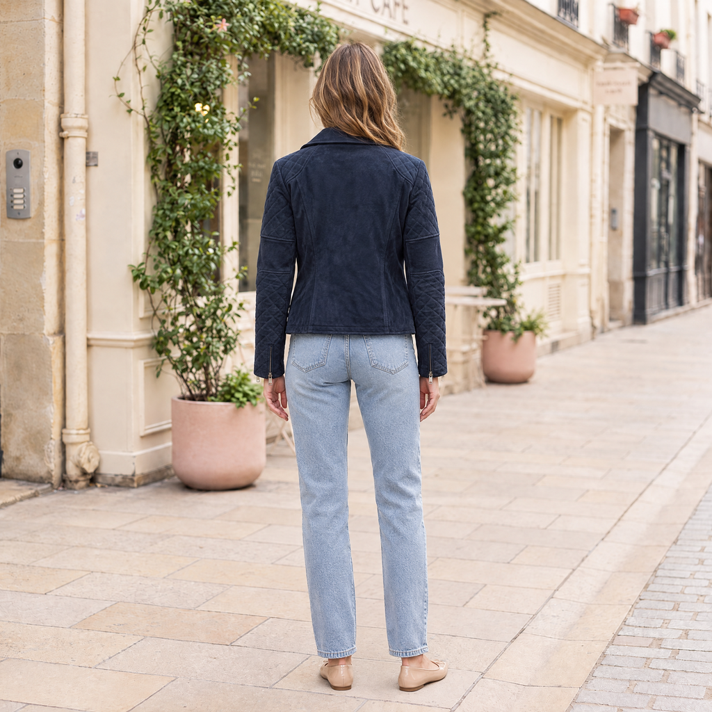 Women's Madeline Suede Quilted Moto Jacket — Navy — full-body-back