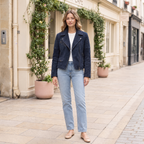 Women's Madeline Suede Quilted Moto Jacket — Navy — full-body-front