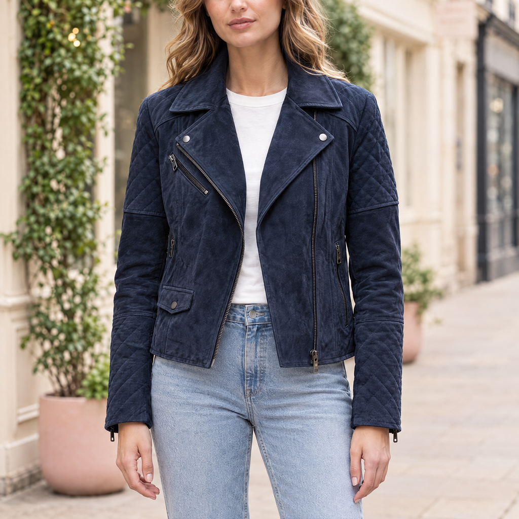 Women's Madeline Suede Quilted Moto Jacket — Navy — hero
