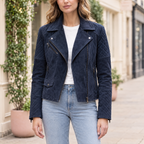 Women's Madeline Suede Quilted Moto Jacket — Navy — hero