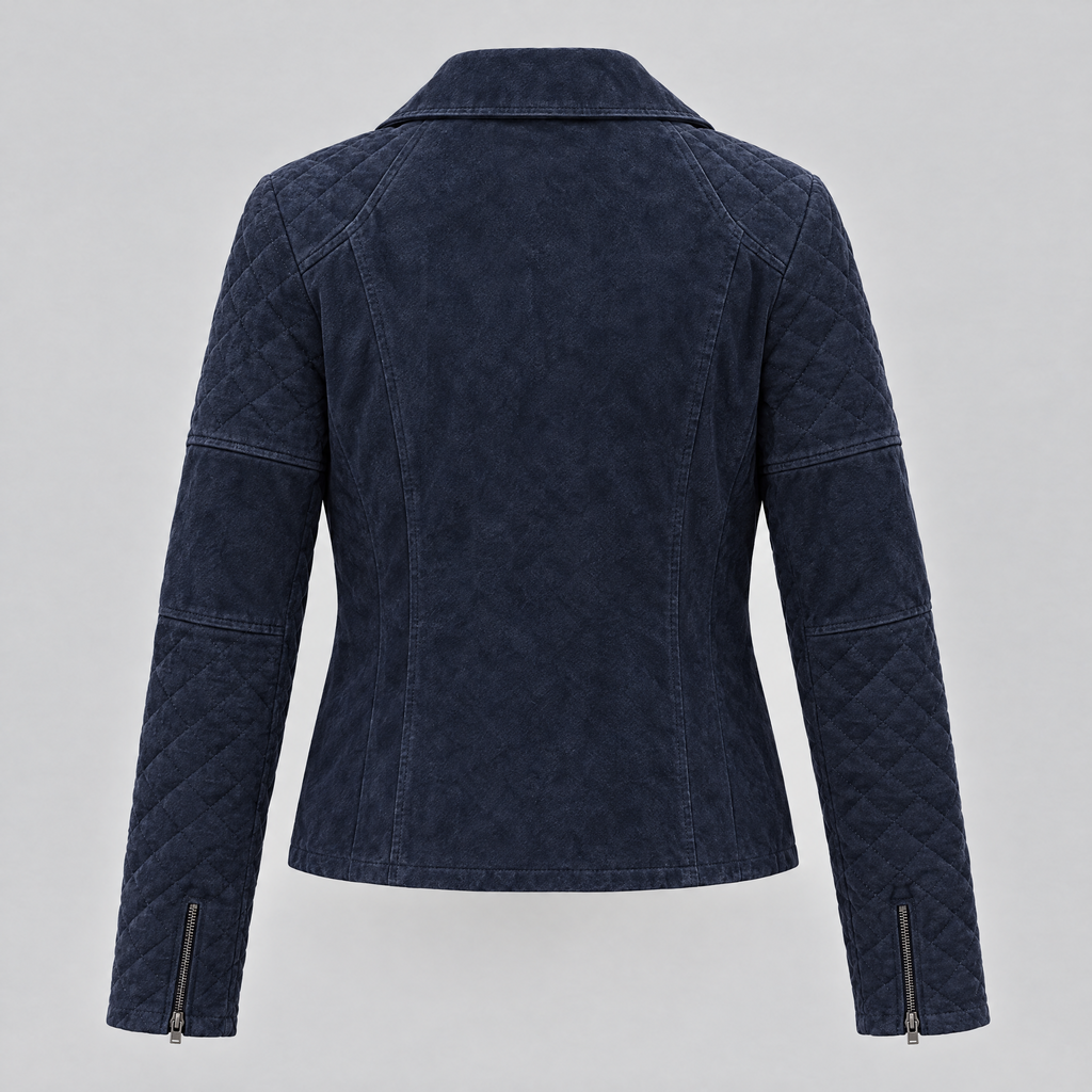 Women's Madeline Suede Quilted Moto Jacket — Navy — product-back