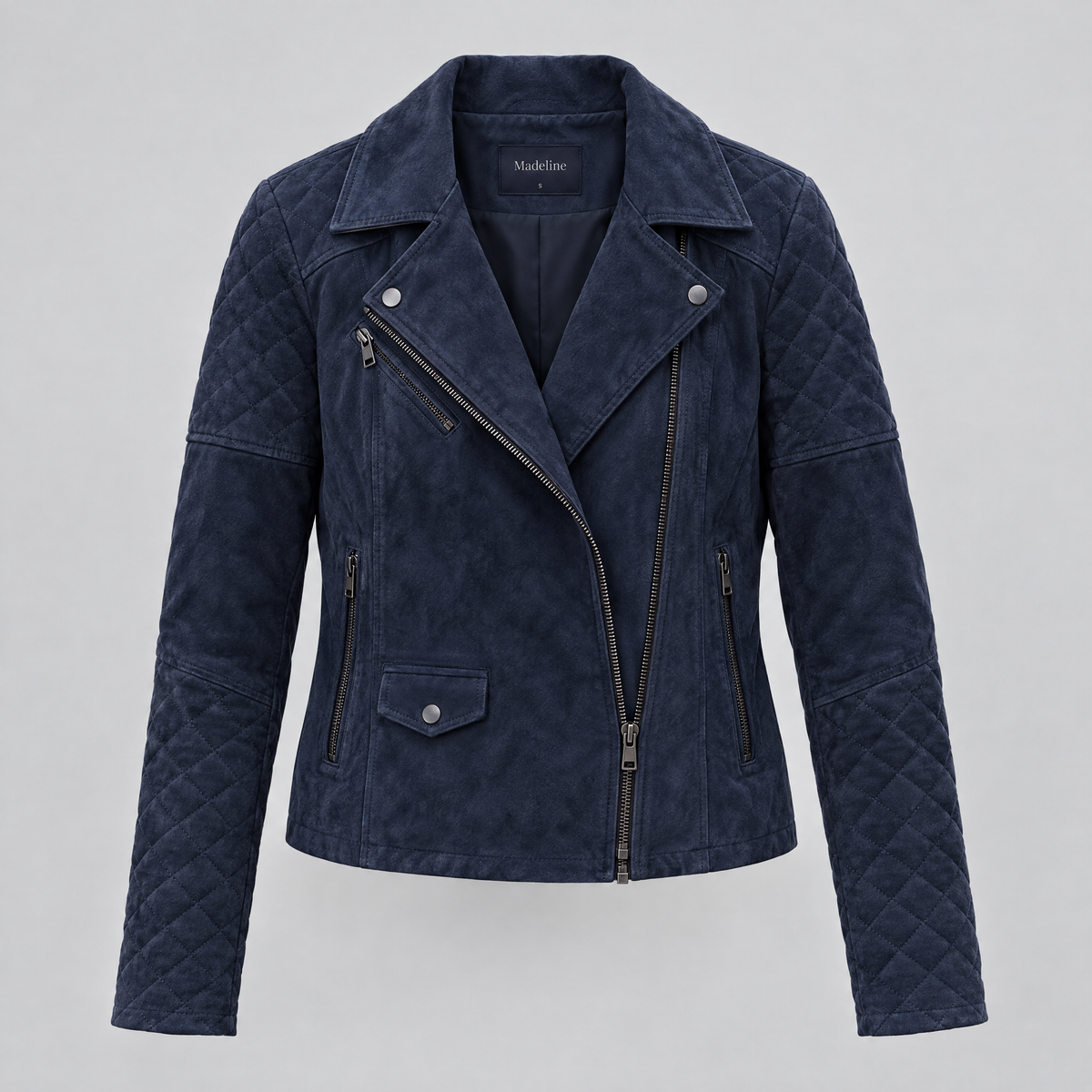 Women's Madeline Suede Quilted Moto Jacket — Navy — product-front