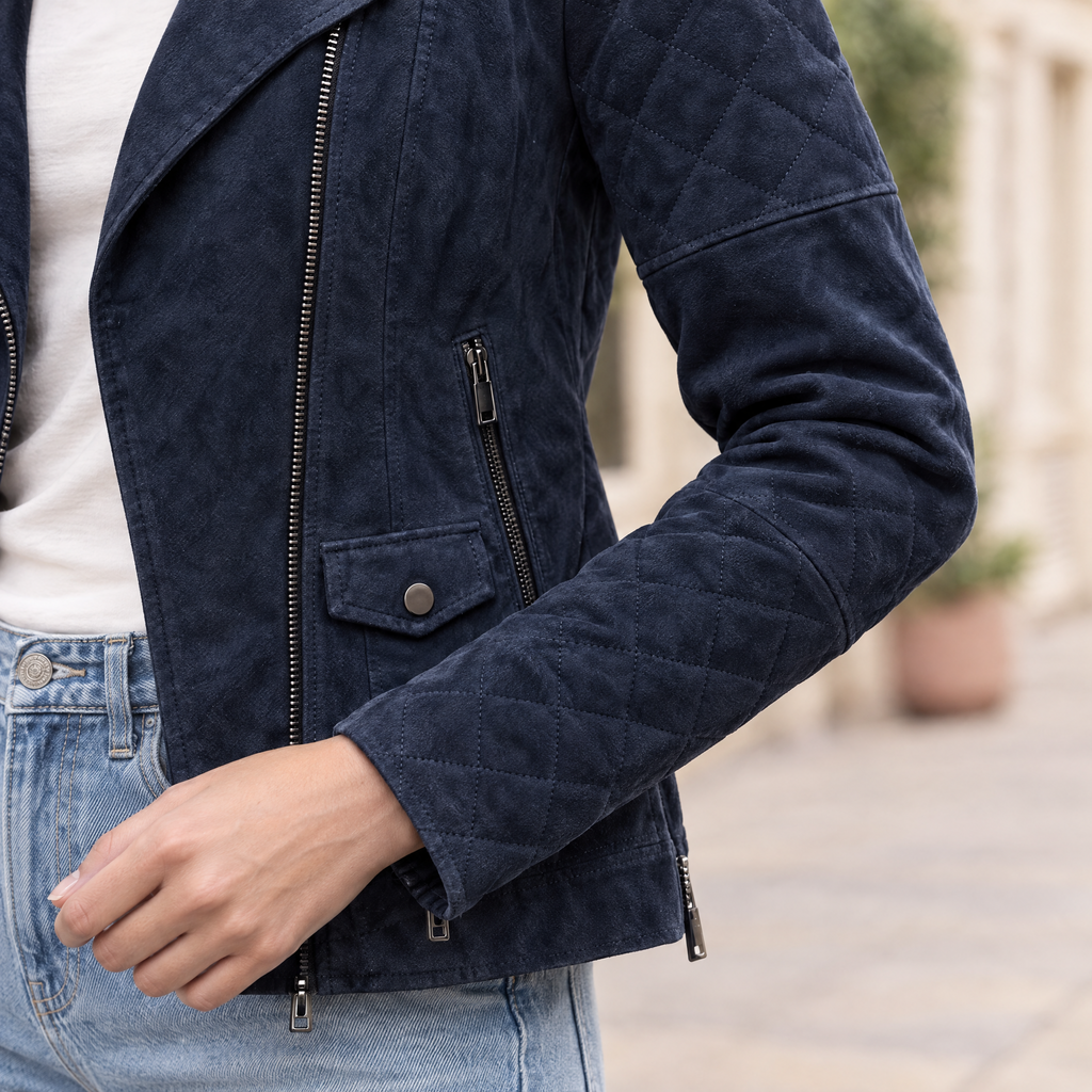 Women's Madeline Suede Quilted Moto Jacket — Navy — sleeve-detail