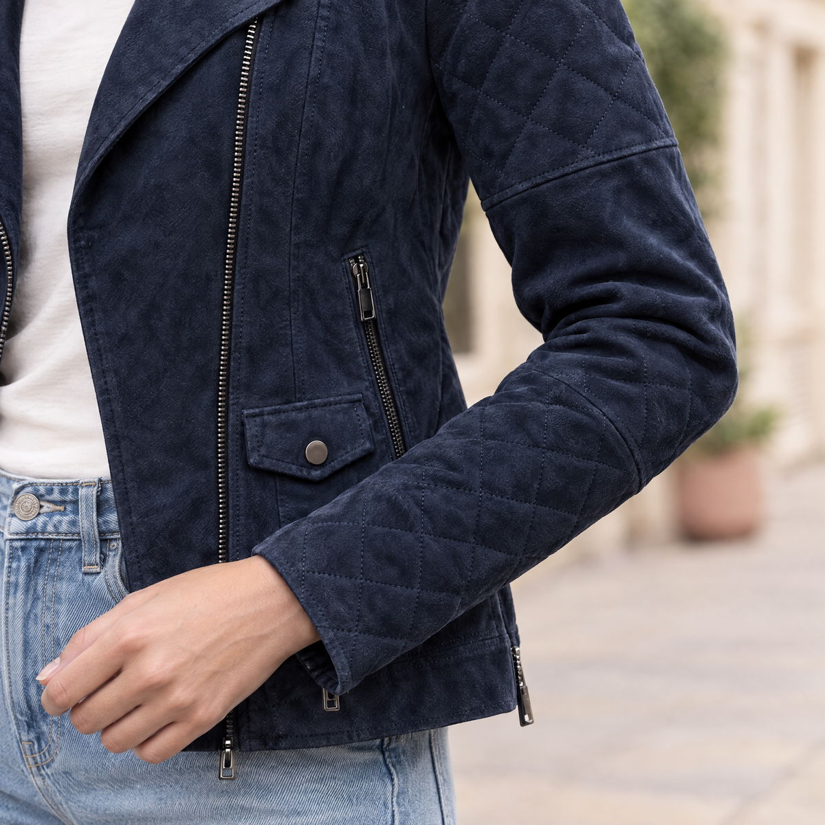 Women's Madeline Suede Quilted Moto Jacket — Navy — sleeve-detail