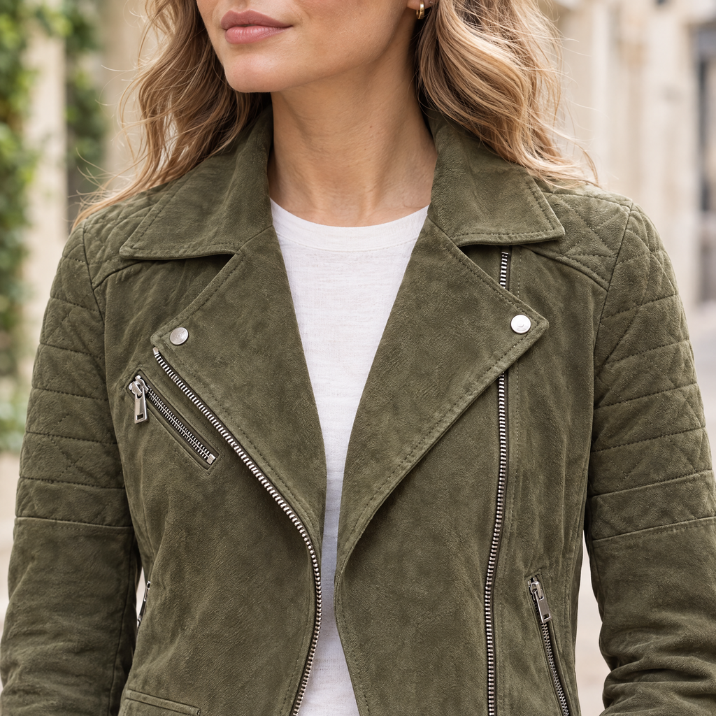 Women's Madeline Suede Quilted Moto Jacket — Olive — chest-detail