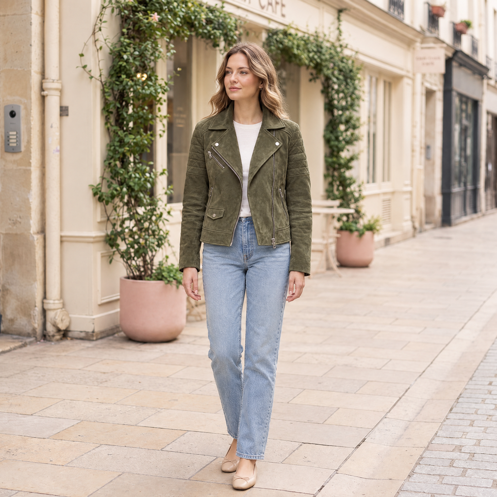 Women's Madeline Suede Quilted Moto Jacket — Olive — full-body-front
