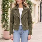 Women's Madeline Suede Quilted Moto Jacket — Olive — hero