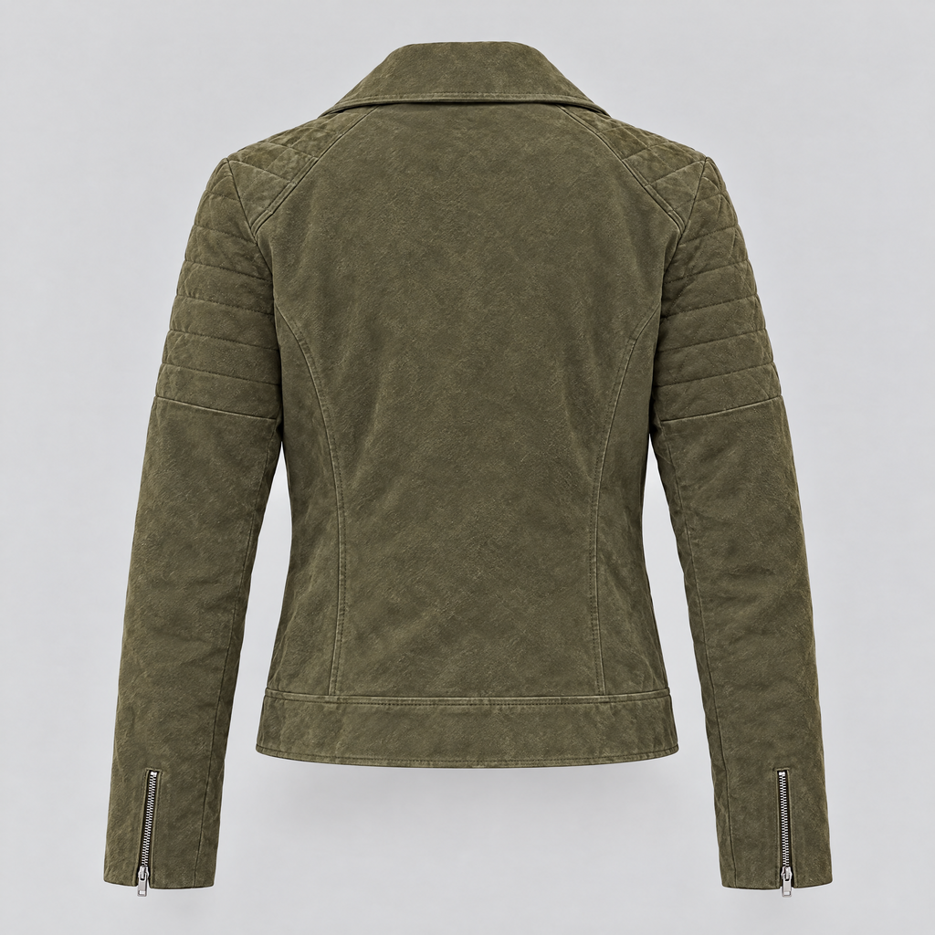 Women's Madeline Suede Quilted Moto Jacket — Olive — product-back
