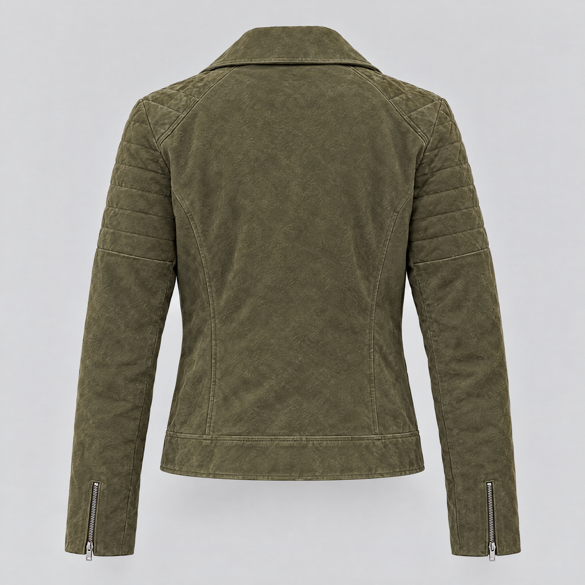 Women's Madeline Suede Quilted Moto Jacket — Olive — product-back