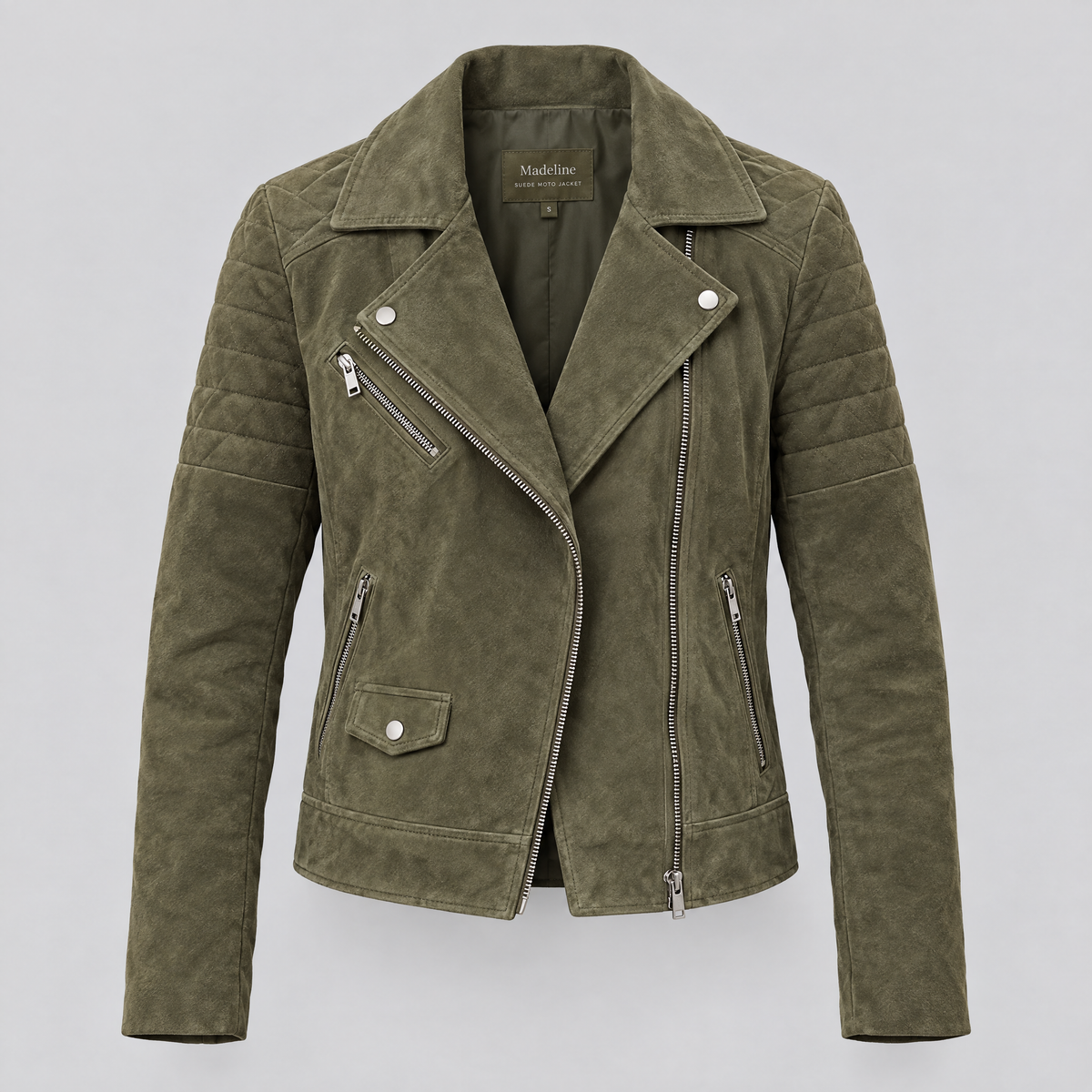 Women's Madeline Suede Quilted Moto Jacket — Olive — product-front