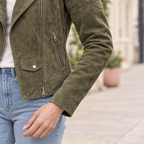 Women's Madeline Suede Quilted Moto Jacket — Olive — sleeve-detail