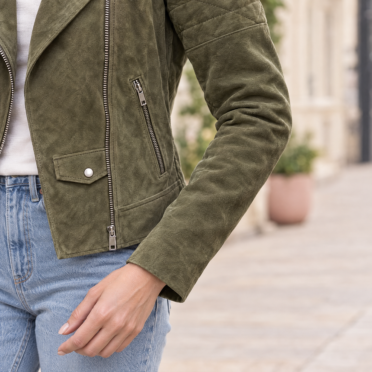 Women's Madeline Suede Quilted Moto Jacket — Olive — sleeve-detail