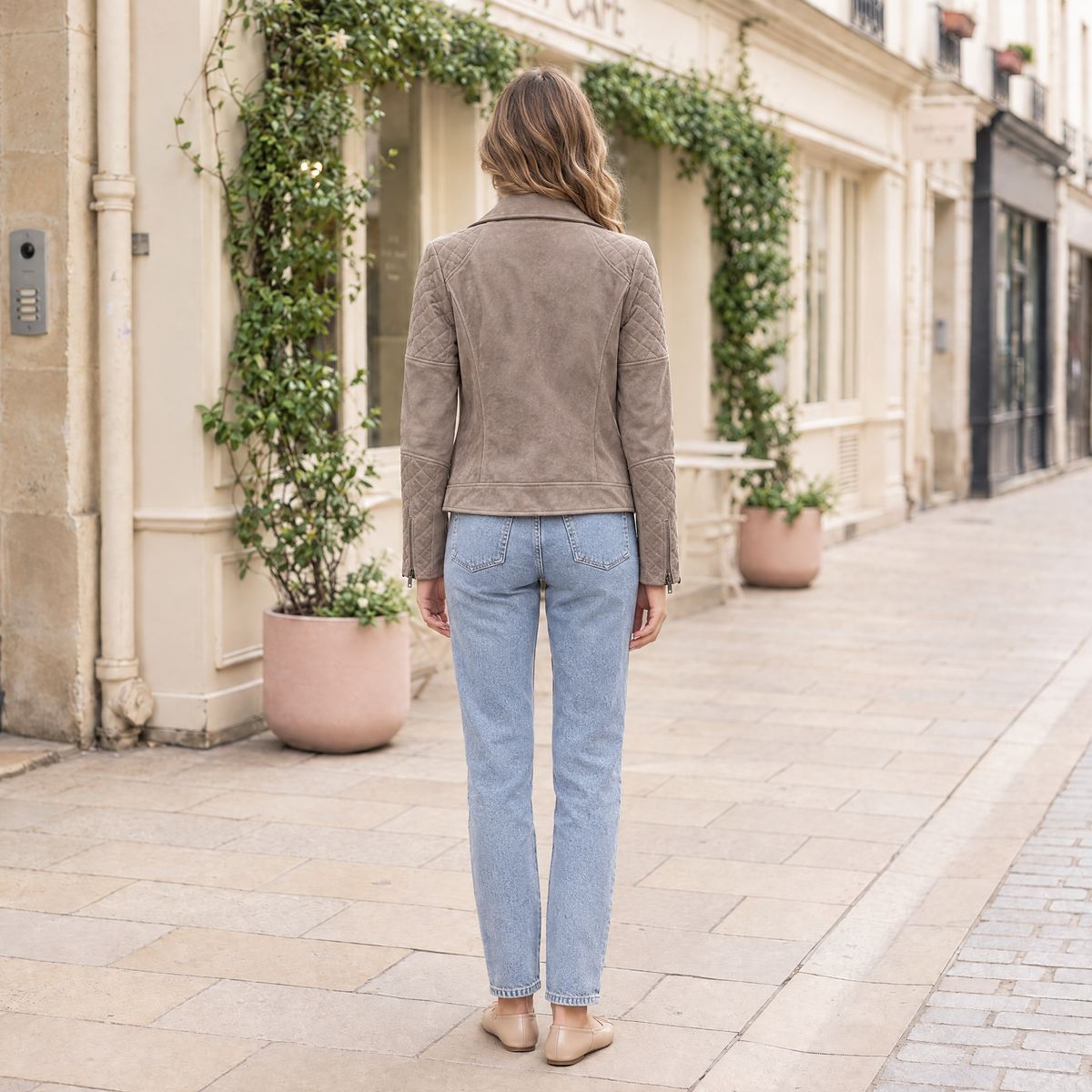 Women's Madeline Suede Quilted Moto Jacket — Taupe — full-body-back