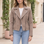 Women's Madeline Suede Quilted Moto Jacket — Taupe — hero