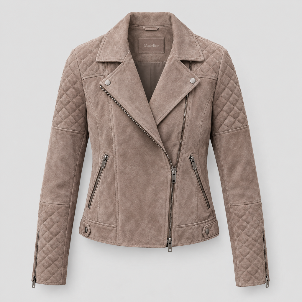 Women's Madeline Suede Quilted Moto Jacket — Taupe — product-front