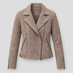 Women's Madeline Suede Quilted Moto Jacket — Taupe — product-front