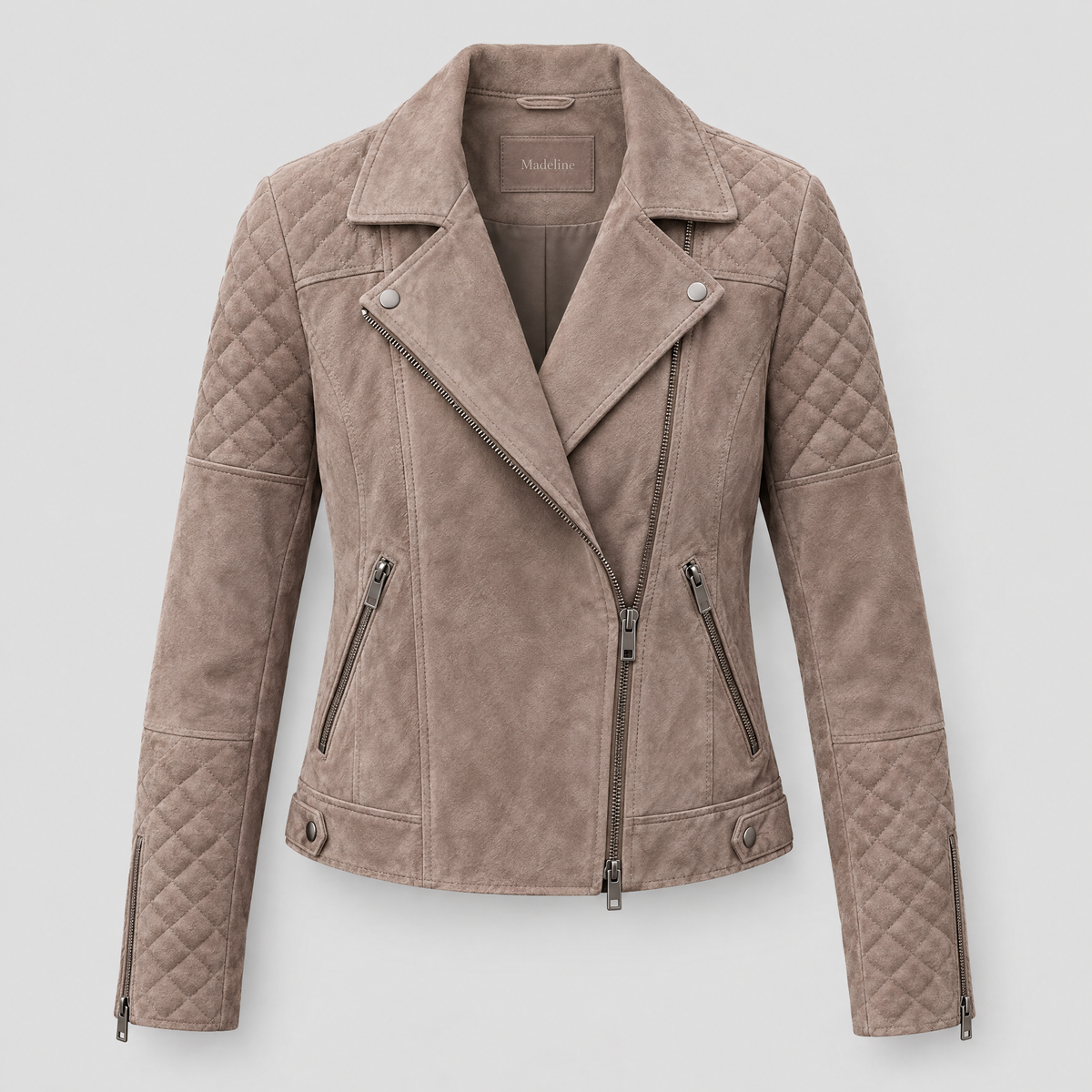 Women's Madeline Suede Quilted Moto Jacket — Taupe — product-front
