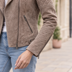 Women's Madeline Suede Quilted Moto Jacket — Taupe — sleeve-detail