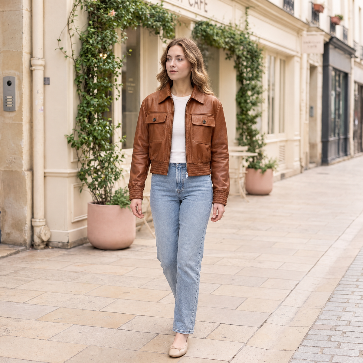 Women's Maggie Cropped Lightweight Leather Aviator Jacket — Cognac — full-body-front