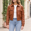 Women's Maggie Cropped Lightweight Leather Aviator Jacket — Cognac — hero