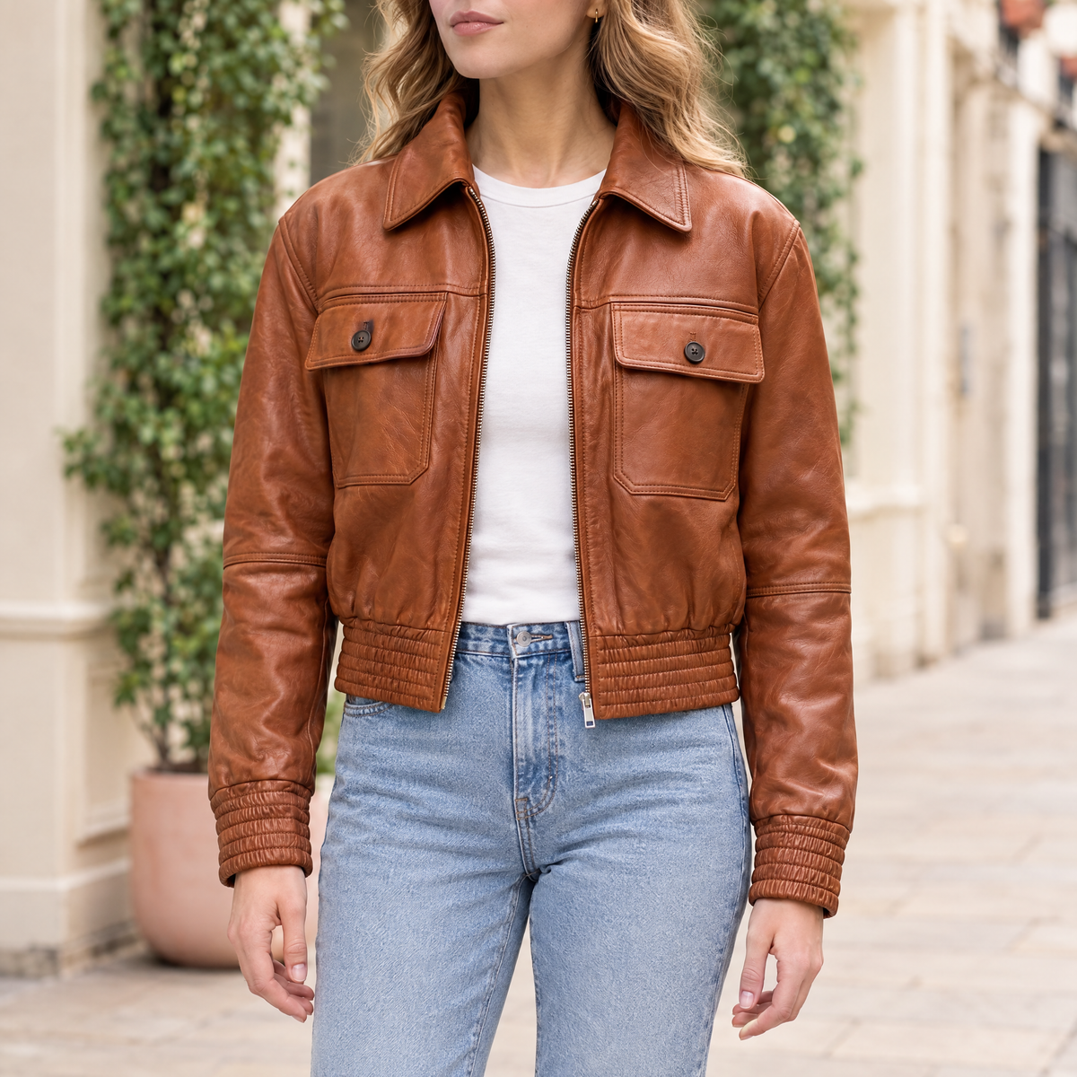 Women's Maggie Cropped Lightweight Leather Aviator Jacket — Cognac — hero