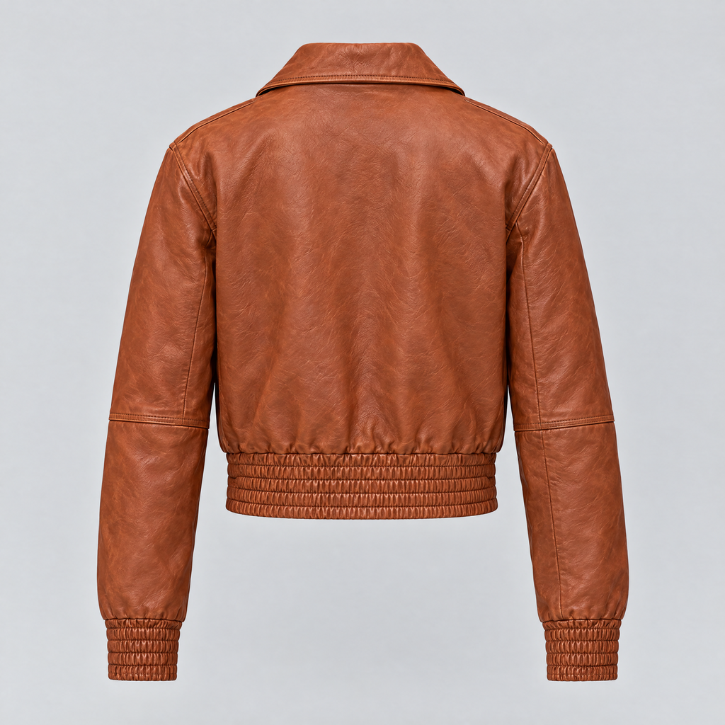 Women's Maggie Cropped Lightweight Leather Aviator Jacket — Cognac — product-back