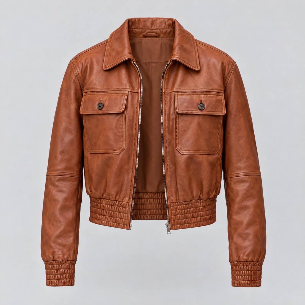 Women's Maggie Cropped Lightweight Leather Aviator Jacket — Cognac — product-front