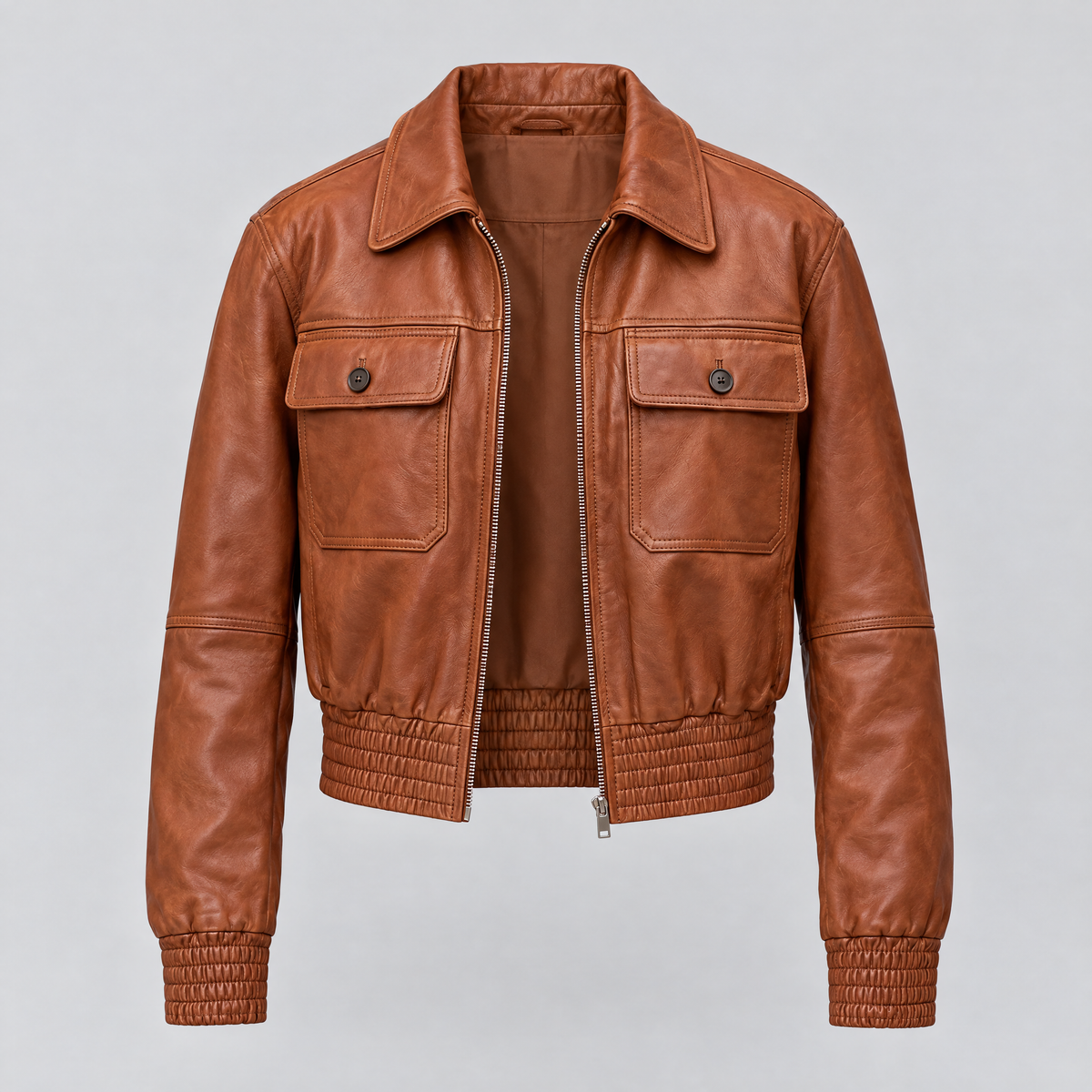 Women's Maggie Cropped Lightweight Leather Aviator Jacket — Cognac — product-front