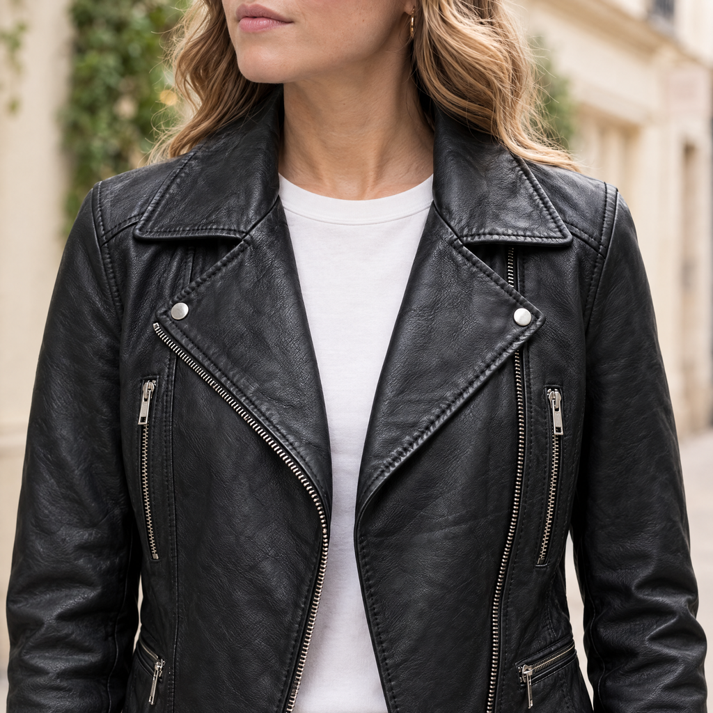 Women's Marissa Asymmetric Leather Moto Jacket — Black — chest-detail